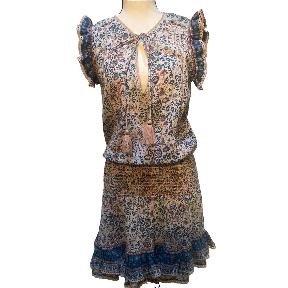 M.A.B.E. Floral Della Smocked Mini Dress Boho Ruffle Small Festival Cottage Lace
